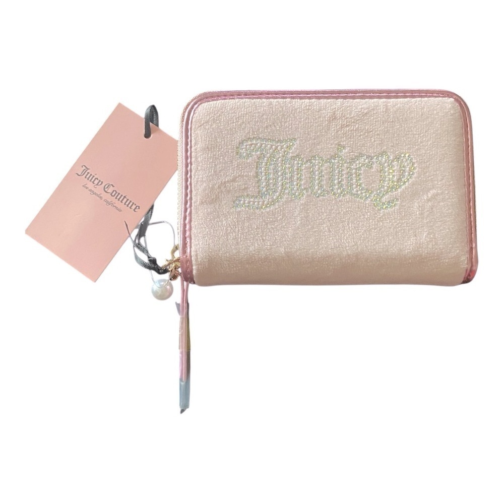 NWT-JUICY COUTURE-SOFT PINK ZIP AROUND WALLET-RHINESTONE SHIMMER “JUICY” FRONT